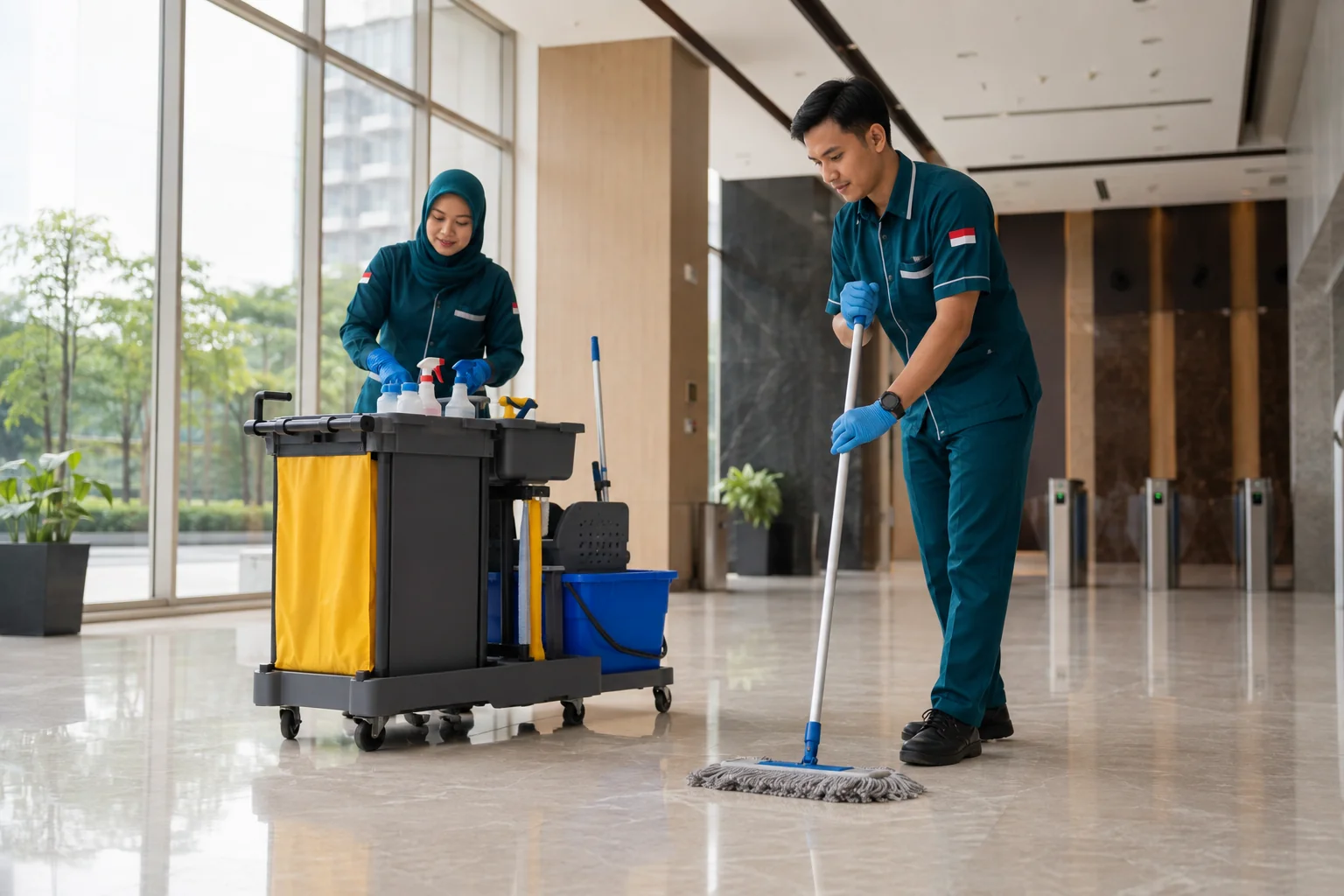 Ilustrasi tim cleaning service Indonesia merawat lobi perkantoran