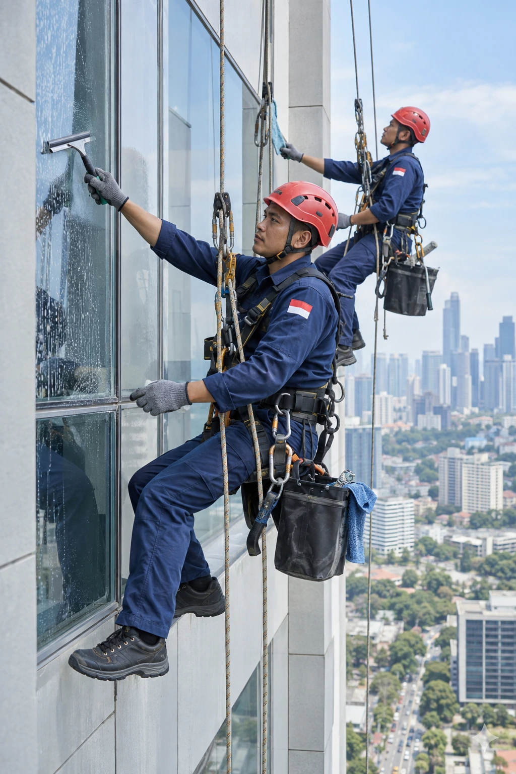 Ilustrasi pekerja Indonesia dengan helm dan harness membersihkan kaca luar gedung menggunakan akses tali